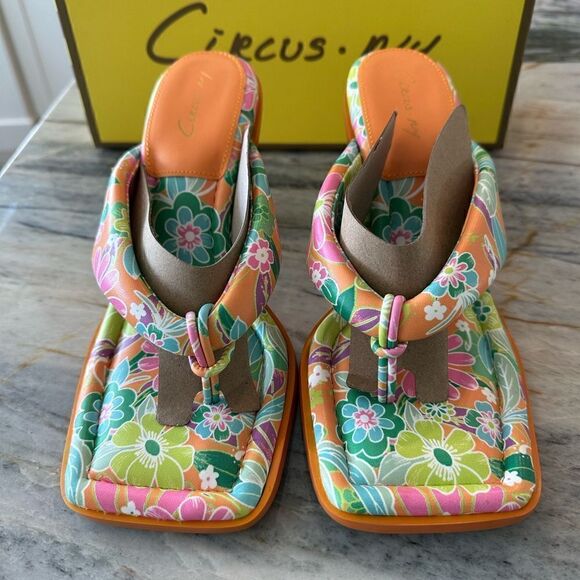 Skeet Slide Sandals, Circus by Sam Edelman, Orange Tropical Flower Square Toe - Picture 6 of 12